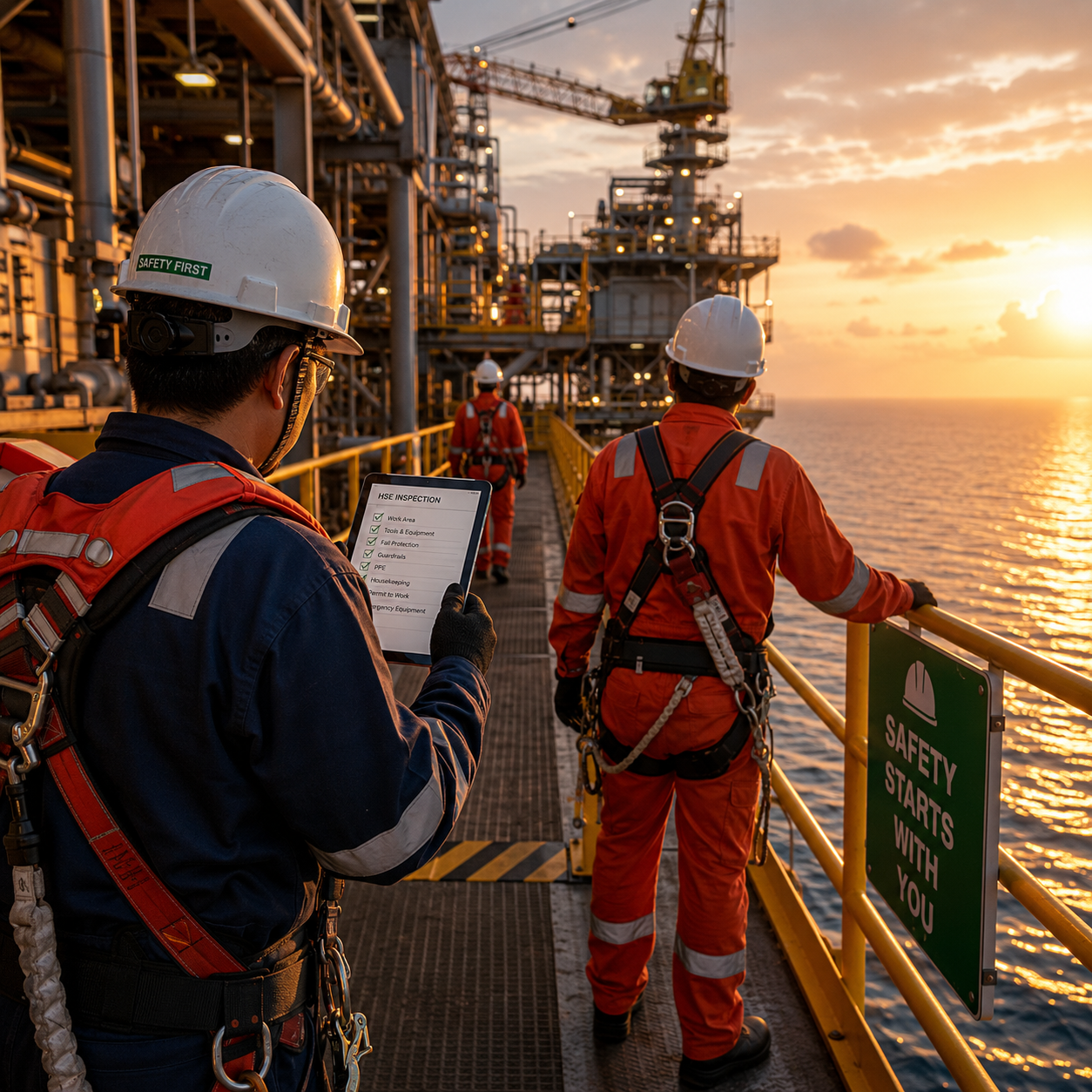 HSE professionals conducting inspection on offshore platform